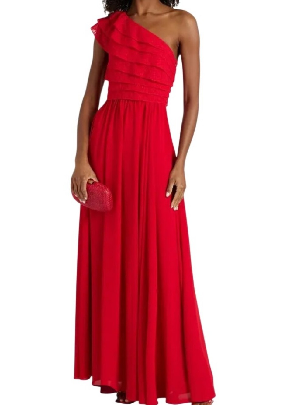 MIKAEL AGHAL NWT $1290 Red One Shoulder Ruffle Eyelet Evening Gown Size 2